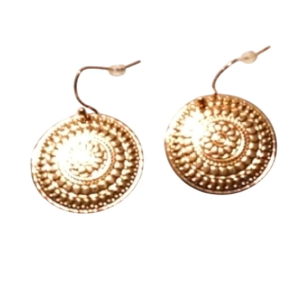 Exotic Mediterranean Gold tone Round Drop Earrings Pierced Glam Elegant Workwear